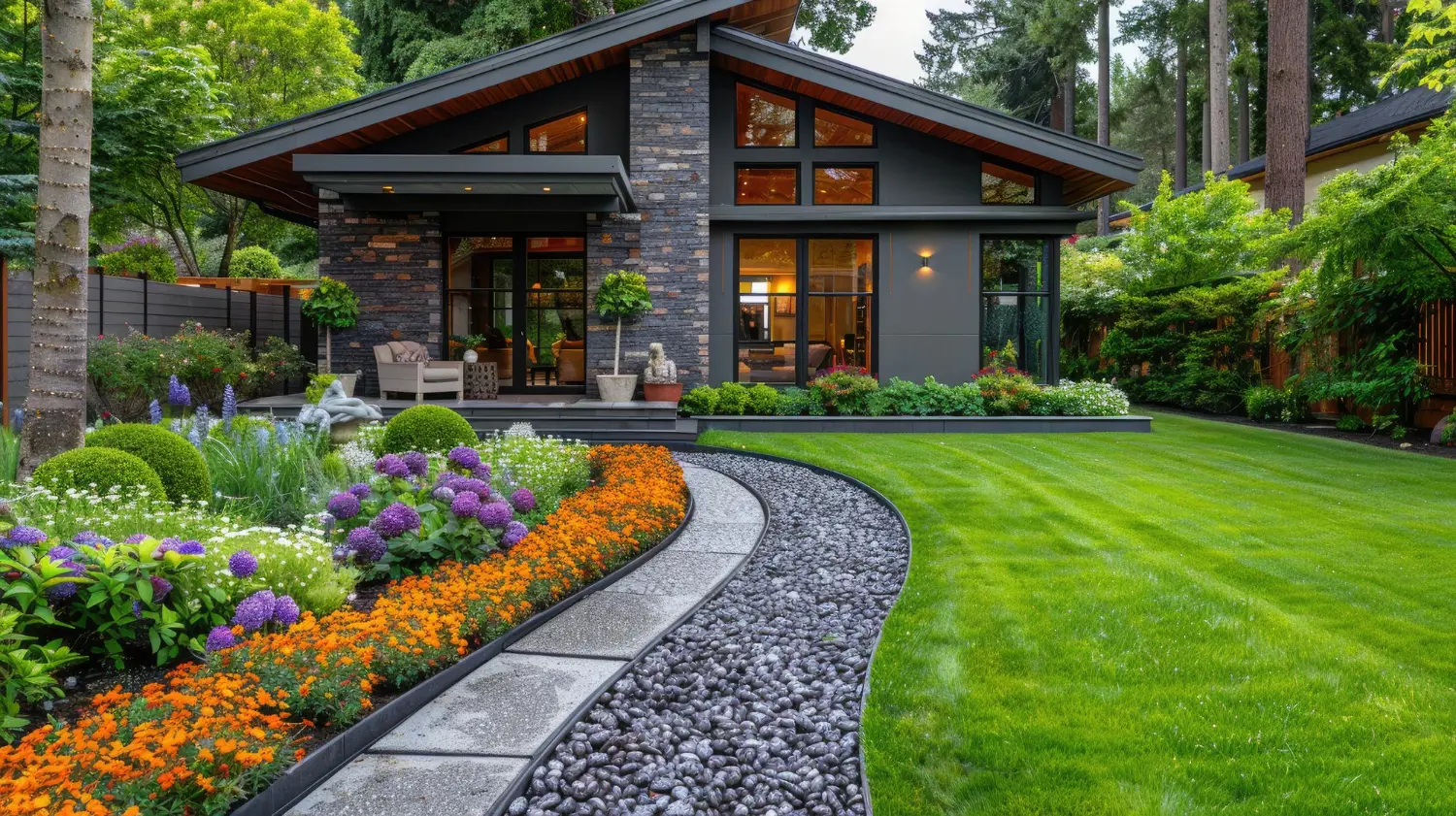 Modern home with lush, professionally landscaped garden and lawn